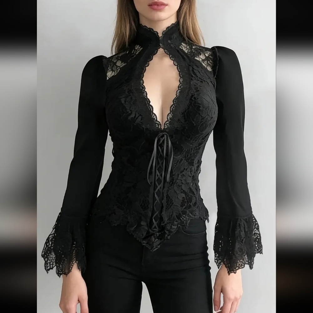 Black Lace Corset Blouse with Bell Sleeves